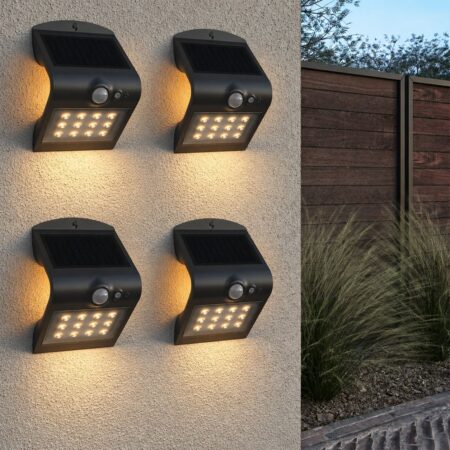 Set van 4 Rhodes Solar Wandlampen Up & Down - met Bewegingssensor - 1.5W - 3000K Warm wit - 2 lichtstanden - IP65 waterdicht - Wandlamp Schutting - Zwart | HOFTRONIC