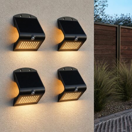 Set van 4 Rhodes Solar Wandlampen Up & Down - met Bewegingssensor - 4W - 3000K Warm wit - 2 lichtstanden - IP65 waterdicht - Wandlamp Schutting - Zwart | HOFTRONIC