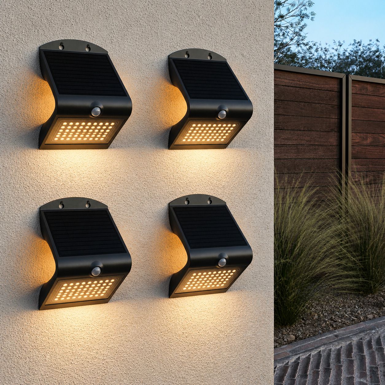 Set van 4 Rhodes Solar Wandlampen Up & Down - met Bewegingssensor - 4W - 3000K Warm wit - 2 lichtstanden - IP65 waterdicht - Wandlamp Schutting - Zwart | HOFTRONIC