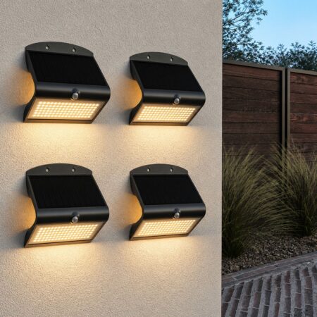 Set van 4 Rhodes Solar Wandlampen Up & Down - met Bewegingssensor - 8W - 3000K Warm wit - 2 lichtstanden - IP65 waterdicht - Wandlamp Schutting - Zwart | HOFTRONIC