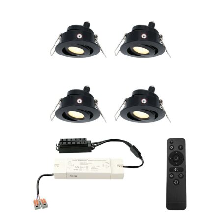 Set van 4 Sienna LED Mini Inbouwspots met trafo - 12 Volt 3 Watt 200 lumen - Dimbaar - Kantelbaar - Plat 30mm - 2700K - IP44 waterdicht - Zwart | HOFTRONIC