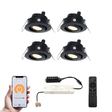 Set van 4 Sienna Smart LED Mini Inbouwspots - Veranda spots - 12V 3W 200lm - Dimbaar - Kantelbaar - Wifi & Bluetooth - 2700K - IP44 - Zwart | HOFTRONIC