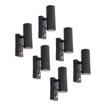 Set van 6 Blenda Wandlamp Zwart - 2700K Warm Wit - 8 watt 690 lumen - Bewegingssensor en Schemerschakelaar - IP44 Waterdicht - Up & Downlight voor buiten | HOFTRONIC