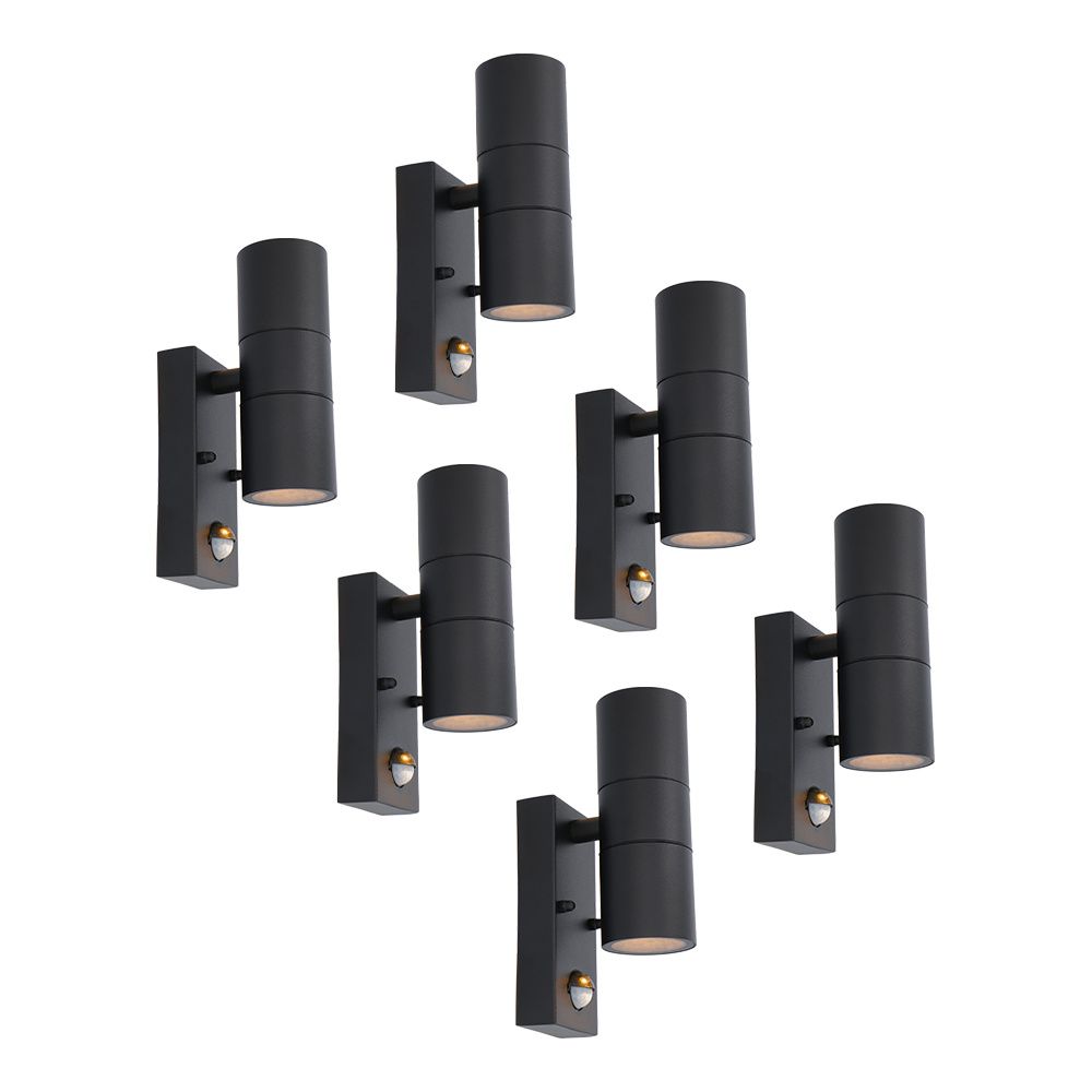 Set van 6 Blenda Wandlamp Zwart - 2700K Warm Wit - 8 watt 690 lumen - Bewegingssensor en Schemerschakelaar - IP44 Waterdicht - Up & Downlight voor buiten | HOFTRONIC