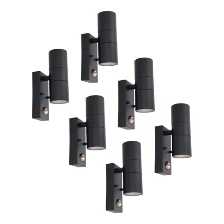 Set van 6 Blenda Wandlamp Zwart - 4000K neutraal wit - 8 Watt 690 Lumen - Bewegingssensor en Schemerschakelaar - IP44 Waterdicht - Up & Downlight voor buiten | HOFTRONIC