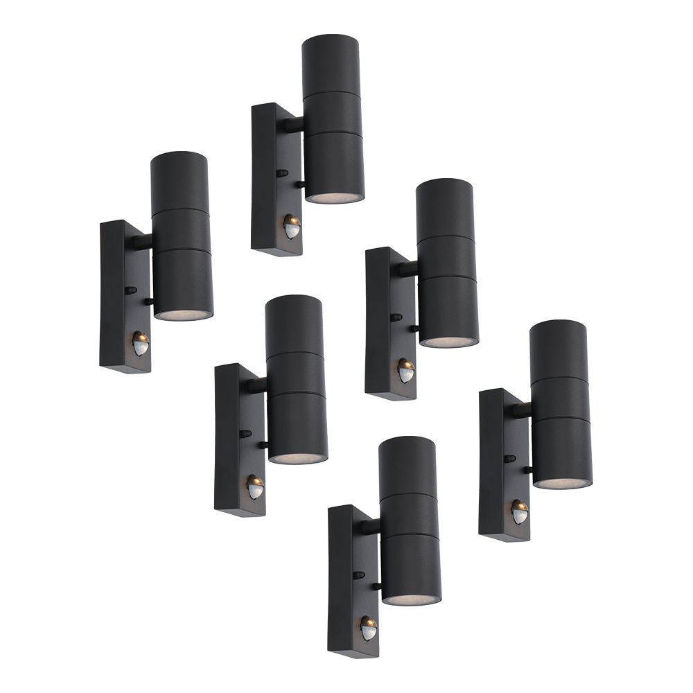 Set van 6 Blenda Wandlamp Zwart - 4000K neutraal wit - 8 Watt 690 Lumen - Bewegingssensor en Schemerschakelaar - IP44 Waterdicht - Up & Downlight voor buiten | HOFTRONIC