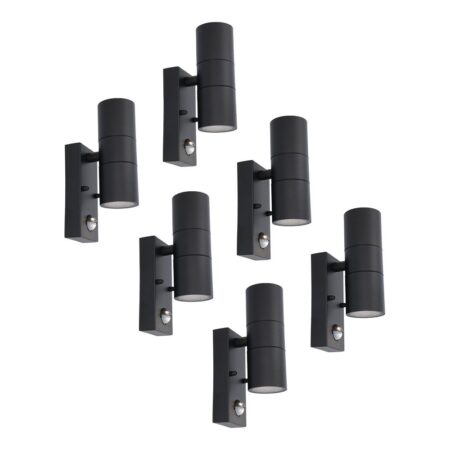 Set van 6 Blenda Wandlamp Zwart - 6500K daglicht Wit - 8 Watt 690 Lumen - Bewegingssensor en Schemerschakelaar - IP44 Waterdicht - Up & Downlight voor buiten | HOFTRONIC