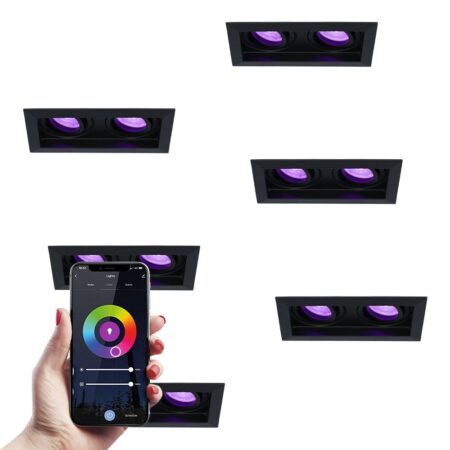 Set van 6 Durham Dubbel smart inbouwspots Vierkant - Wifi + Bluetooth - RGBWW - GU10 11 Watt 670 Lumen - Kantelbaar - Google Home