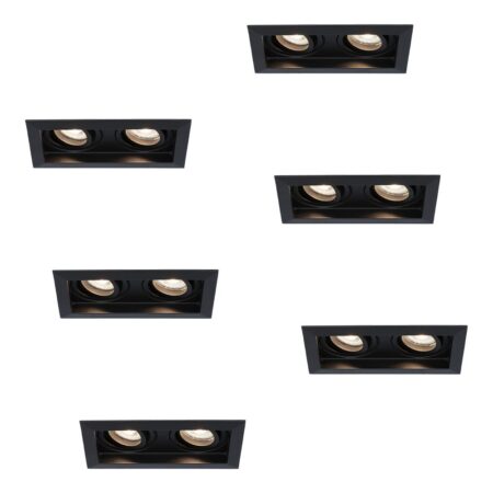 Set van 6 Durham LED Dubbele inbouwspots vierkant - 8 Watt 690 Lumen - 4000K neutraal wit - GU10 - Dimbaar Kantelbaar - Voor binnen - Zwart | HOFTRONIC