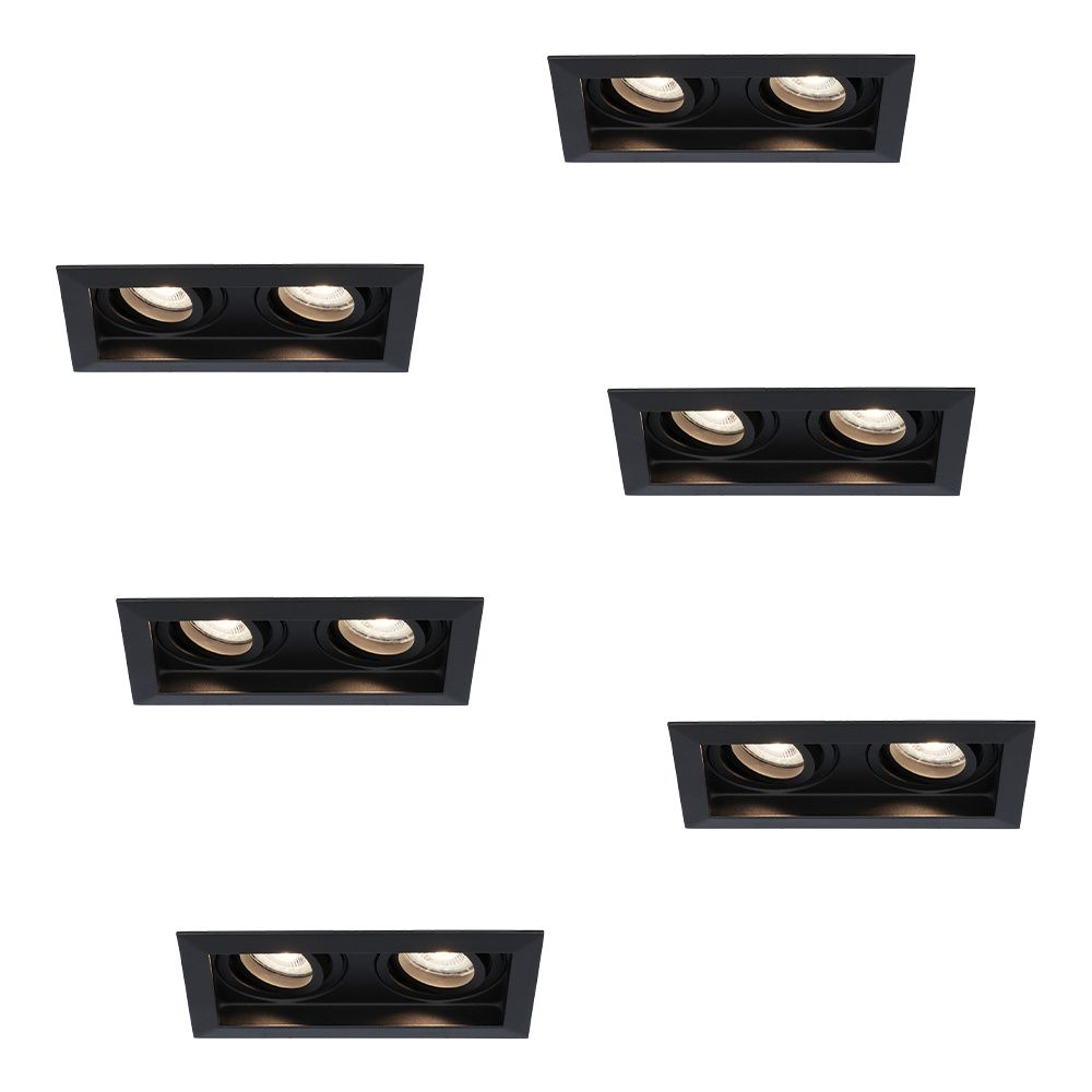 Set van 6 Durham LED Dubbele inbouwspots vierkant - 8 Watt 690 Lumen - 4000K neutraal wit - GU10 - Dimbaar Kantelbaar - Voor binnen - Zwart | HOFTRONIC