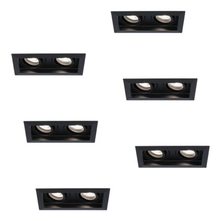Set van 6 Durham LED Dubbele inbouwspots vierkant - 8 Watt 690 Lumen - 6500K daglicht wit - GU10 - Dimbaar Kantelbaar - Voor binnen - Zwart | HOFTRONIC