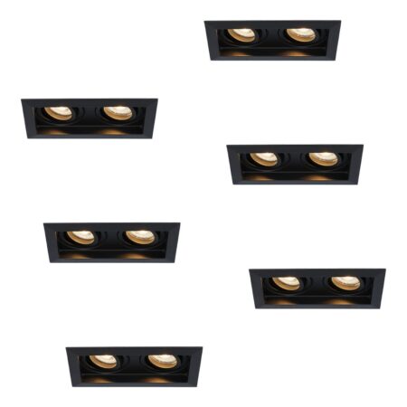 Set van 6 Durham LED Dubbele inbouwspots vierkant - 8 watt 690 lumen - 2700K Warm wit - GU10 - Dimbaar Kantelbaar - Voor binnen - Zwart | HOFTRONIC