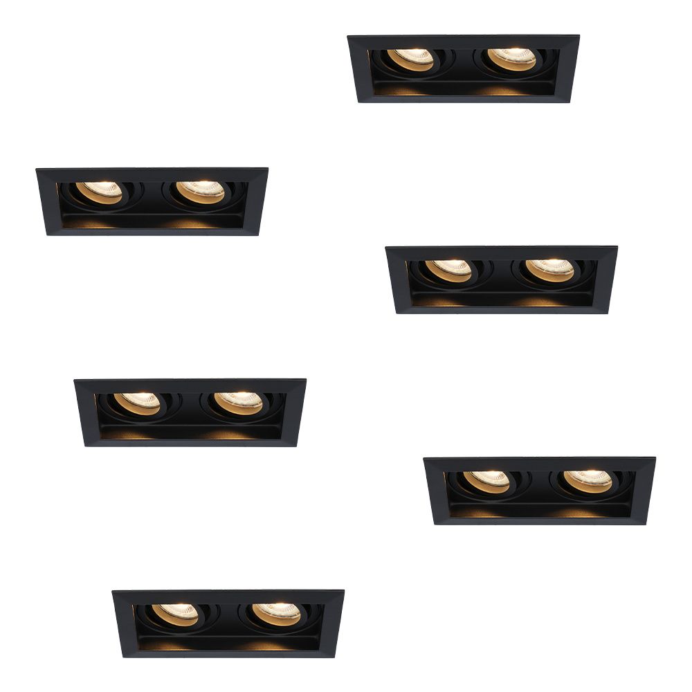 Set van 6 Durham LED Dubbele inbouwspots vierkant - 8 watt 690 lumen - 2700K Warm wit - GU10 - Dimbaar Kantelbaar - Voor binnen - Zwart | HOFTRONIC