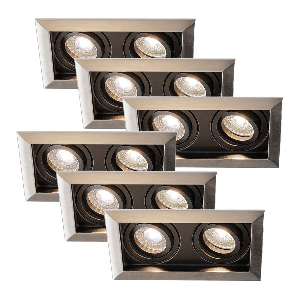 Set van 6 Durham - LED Inbouwspot - 8 Watt 690 Lumen - 4000K Neutraal wit - Dubbel - GU10 - Kantelbaar - Verzonken - IP20 voor binnen - Rechthoek - RVS | HOFTRONIC