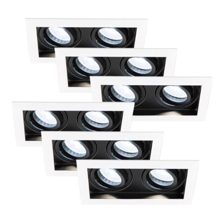 Set van 6 Durham - LED Inbouwspot - 8 Watt 690 Lumen - 6500K Daglicht wit - Dubbel - GU10 - Kantelbaar - IP20 voor binnen - Rechthoek - Wit/Zwart | HOFTRONIC