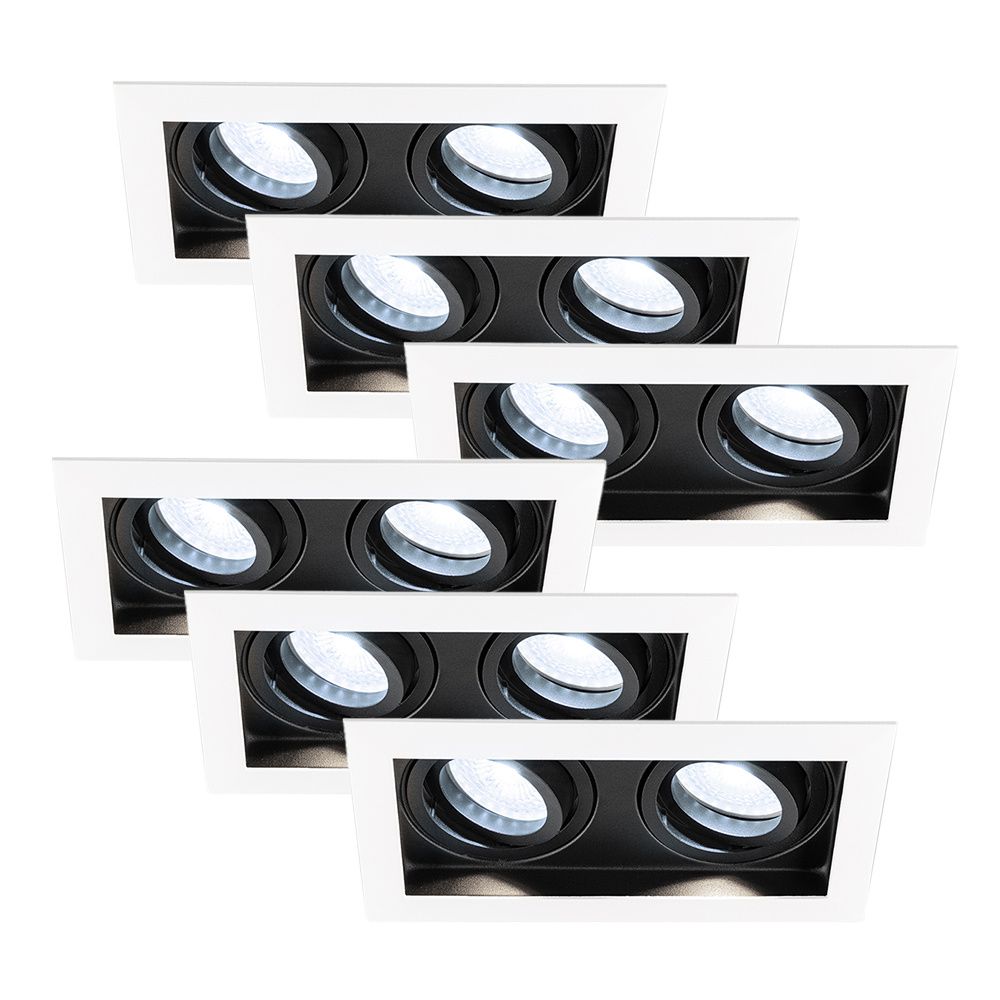 Set van 6 Durham - LED Inbouwspot - 8 Watt 690 Lumen - 6500K Daglicht wit - Dubbel - GU10 - Kantelbaar - IP20 voor binnen - Rechthoek - Wit/Zwart | HOFTRONIC