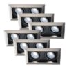 Set van 6 Durham - LED Inbouwspot - 8 Watt 690 Lumen - 6500K Daglicht wit - Dubbel - GU10 - Kantelbaar - Verzonken - IP20 voor binnen - Rechthoek - RVS | HOFTRONIC
