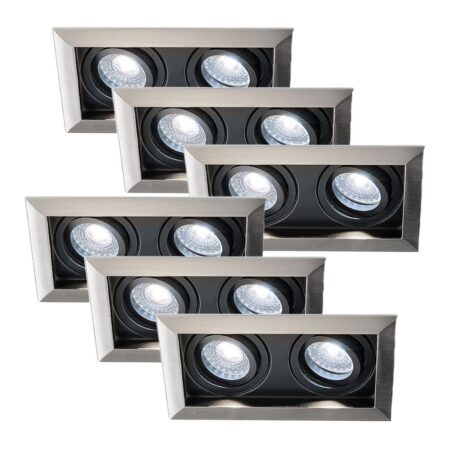 Set van 6 Durham - LED Inbouwspot - 8 Watt 690 Lumen - 6500K Daglicht wit - Dubbel - GU10 - Kantelbaar - Verzonken - IP20 voor binnen - Rechthoek - RVS | HOFTRONIC