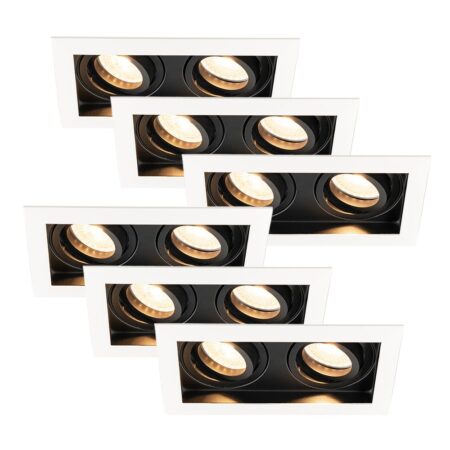 Set van 6 Durham - LED Inbouwspot - 8 watt 690 lumen - 2700K Warm wit - Dubbel - GU10 - Kantelbaar - IP20 voor binnen - Rechthoek - Wit/Zwart | HOFTRONIC