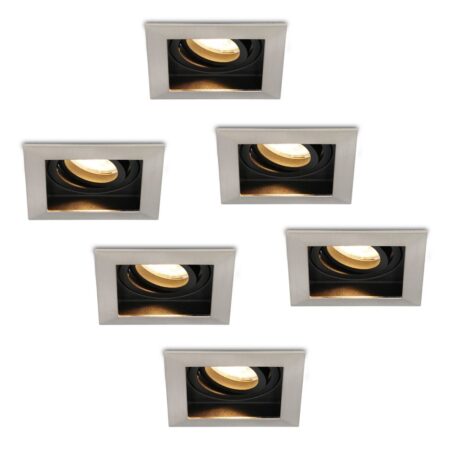 Set van 6 Durham LED inbouwspots vierkant - 4 Watt 345 lumen - 2700k warm wit - GU10 - Dimbaar Kantelbaar - Voor binnen - RVS | HOFTRONIC