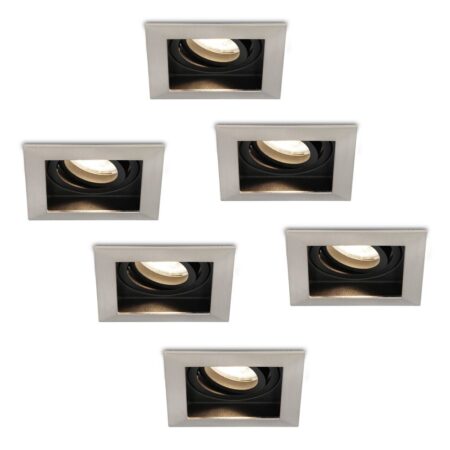 Set van 6 Durham vierkante LED inbouwspots - 4 Watt 345 Lumen - 4000K neutraal wit - GU10 - Dimbaar Kantelbaar - Voor binnen - RVS | HOFTRONIC