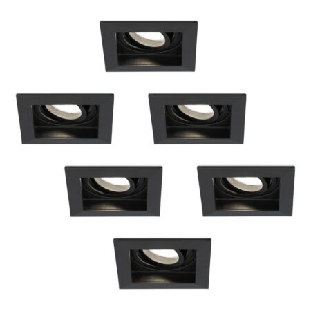 Set van 6 Durham vierkante LED inbouwspots - 4 Watt 345 Lumen - 4000K neutraal wit - GU10 - Dimbaar Kantelbaar - Voor binnen - Zwart | HOFTRONIC