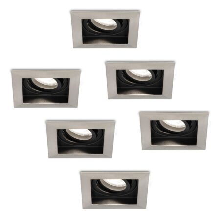 Set van 6 Durham vierkante LED inbouwspots - 4 Watt 345 Lumen - 6500K daglicht wit - GU10 - Dimbaar Kantelbaar - Voor binnen - RVS | HOFTRONIC
