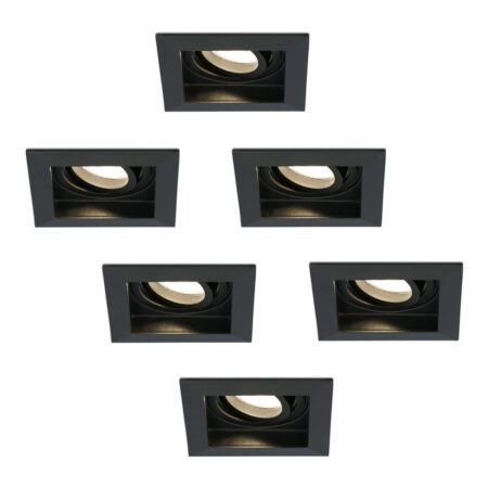 Set van 6 Durham vierkante LED inbouwspots - 4 Watt 345 lumen - 2700k warm wit - GU10 - Dimbaar Kantelbaar - Voor binnen - Zwart | HOFTRONIC