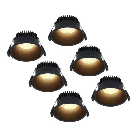 Set van 6 Finn LED inbouwspots - 10 Watt 900lm - 2700K warm wit - Dimbaar - Rond - Verzonken - IP44 waterdicht - Zwart - Voor binnen
