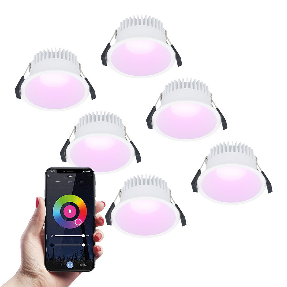 Set van 6 Finn smart inbouwspots - IP44 waterdicht - 10 Watt 630lm - Wifi + Bluetooth - RGBWW - Google Home