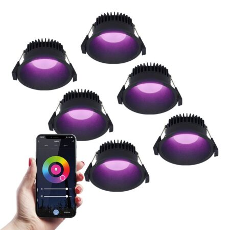 Set van 6 Finn smart inbouwspots - IP44 waterdicht - 10 Watt 630lm - Wifi + Bluetooth - RGBWW - Google Home