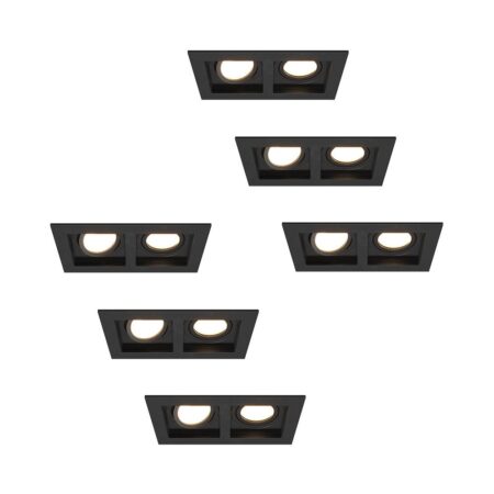 Set van 6 Fresno Dubbele Inbouwspot - Rechthoek - 2x GU10 - 4000K neutraal wit - 8 Watt 690 Lumen - Kantelbaar - IP20 stofdicht - Zwart | HOFTRONIC