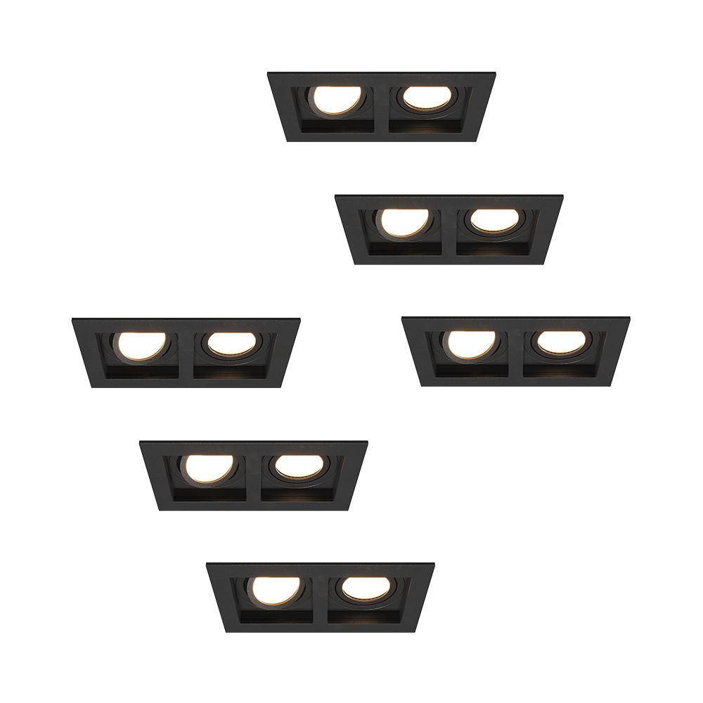 Set van 6 Fresno Dubbele Inbouwspot - Rechthoek - 2x GU10 - 4000K neutraal wit - 8 Watt 690 Lumen - Kantelbaar - IP20 stofdicht - Zwart | HOFTRONIC