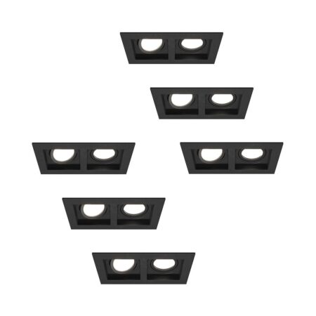 Set van 6 Fresno Dubbele Inbouwspot - Rechthoek - 2x GU10 - 6500K Daglicht wit - 8 Watt 690 Lumen - Kantelbaar - IP20 stofdicht - Zwart | HOFTRONIC