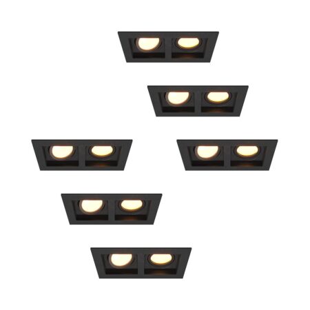 Set van 6 Fresno Dubbele Inbouwspots - Rechthoek - 2x GU10 - 2700K Warm wit - 8 watt 690 lumen - Kantelbaar - IP20 stofdicht - Zwart | HOFTRONIC