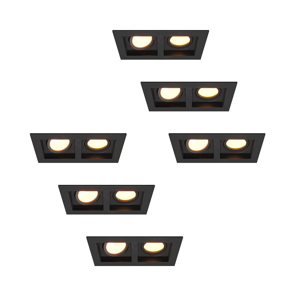 Set van 6 Fresno Dubbele Inbouwspots - Rechthoek - 2x GU10 - 2700K Warm wit - 8 watt 690 lumen - Kantelbaar - IP20 stofdicht - Zwart | HOFTRONIC