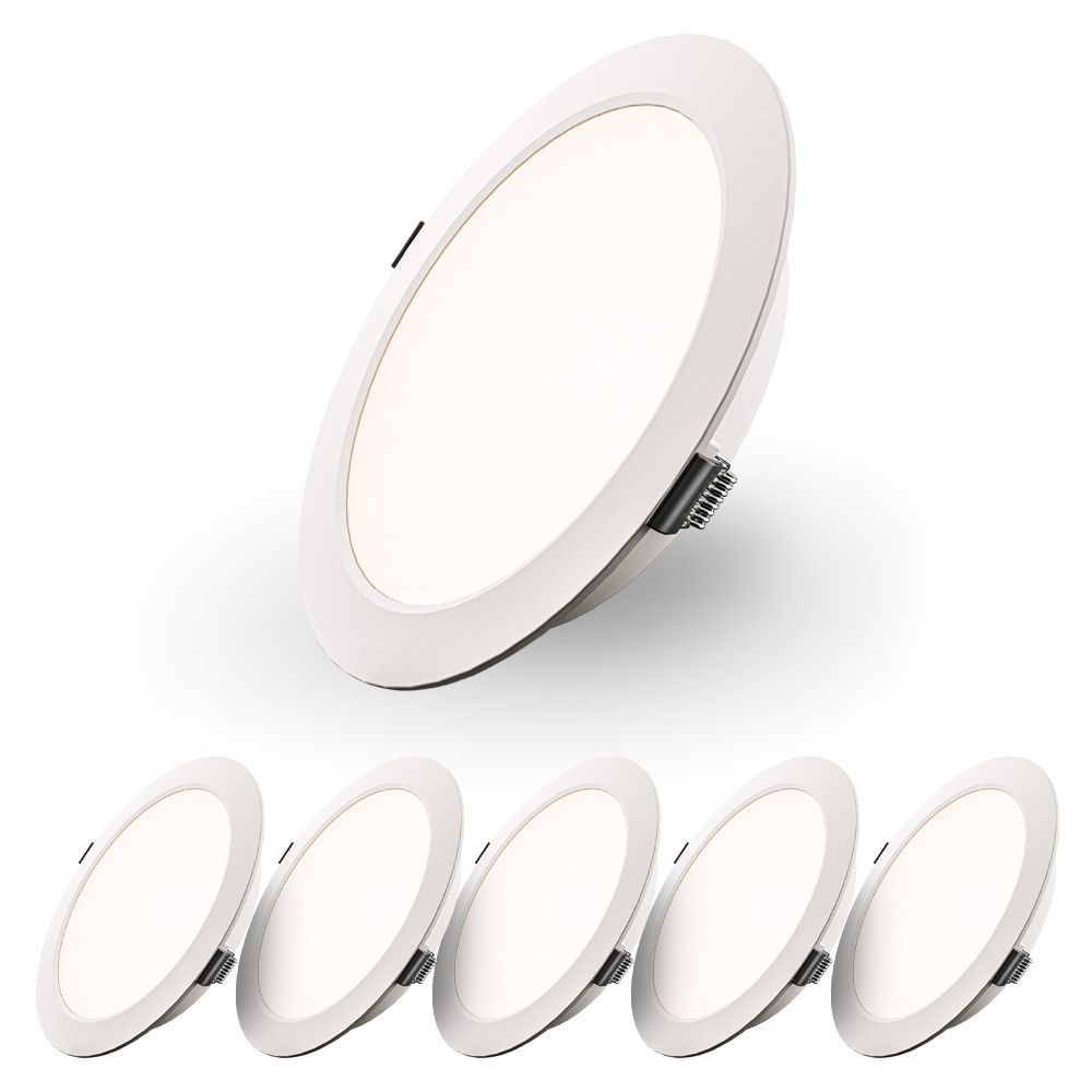 Set van 6 Georgia LED platte Inbouwspots wit - inbouwdiepte 25mm - 12W 1160lm - Rond - 4000K Neutraal Wit - Ø170 mm - IP20 voor binnen | HOFTRONIC