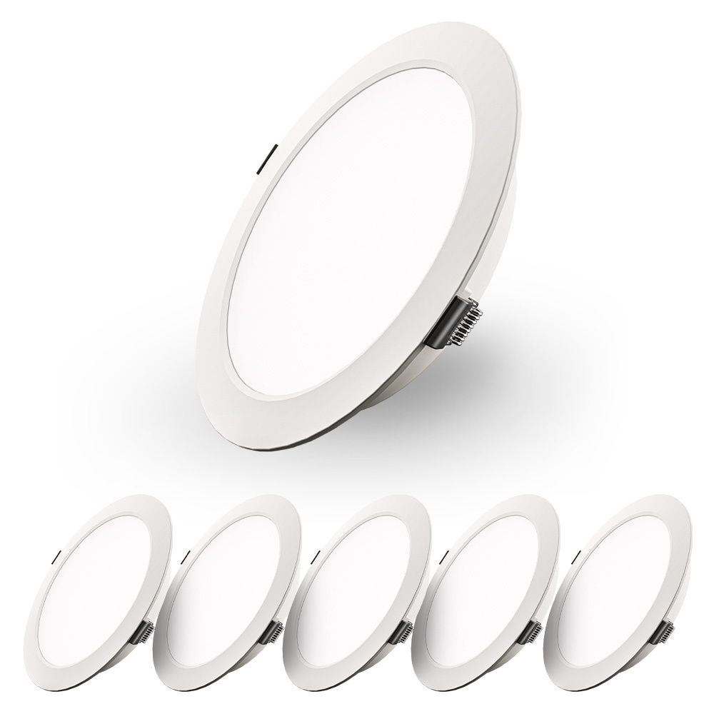 Set van 6 Georgia LED platte Inbouwspots wit - inbouwdiepte 25mm - 12W 1160lm - Rond - 6500K Daglicht Wit - Ø170 mm - IP20 voor binnen | HOFTRONIC