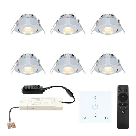 Set van 6 Granada LED Mini Inbouwspots met trafo en muurdimmer - 12 Volt 3 Watt 200 lumen - Dimbaar - Kantelbaar - Plat 35mm - 2700K - IP44 - RVS | HOFTRONIC