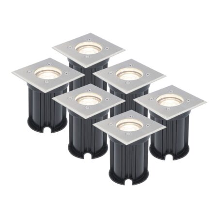 Set van 6 LED Grondspots vierkant buiten - Dimbaar - GU10 - 4000K neutraal wit - 4 Watt 345 Lumen - Tuinspot - Oprit - RVS - IP64 Waterdicht | HOFTRONIC