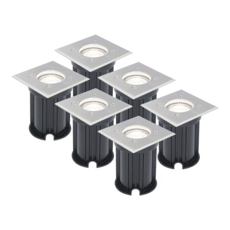 Set van 6 LED Grondspots vierkant buiten - Dimbaar - GU10 - 6500K daglicht wit - 4 Watt 345 Lumen - Tuinspot - Oprit - RVS - IP64 Waterdicht | HOFTRONIC