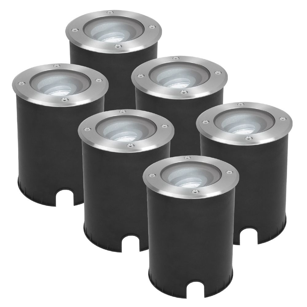 Set van 6 Lilly LED Grondspots - Dimbaar - Kantelbaar - GU10 - 6500K daglicht wit - 4 Watt 345 Lumen - Rond - IK10 - RVS - IP67 waterdicht | HOFTRONIC