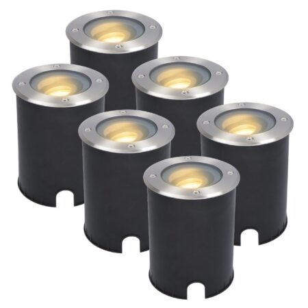 Set van 6 Lilly LED Grondspots - Dimbaar - Kantelbaar - GU10 - Rond - 2700K warm wit - 4 Watt 345 lumen - IK10 - RVS - IP67 waterdicht | HOFTRONIC
