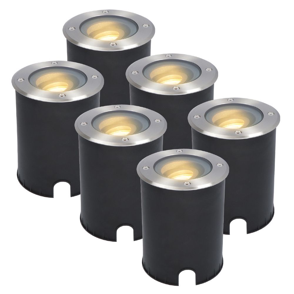 Set van 6 Lilly LED Grondspots - Dimbaar - Kantelbaar - GU10 - Rond - 2700K warm wit - 4 Watt 345 lumen - IK10 - RVS - IP67 waterdicht | HOFTRONIC