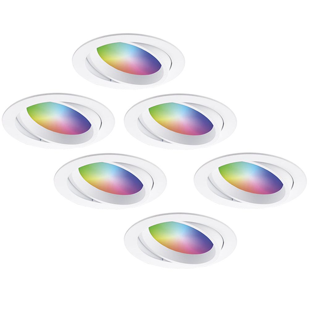 Set van 6 Luna - Smart inbouwspots - IP44 - Kantelbaar - 12 Watt 1050 Lumen (Superbright) - Wifi + Bluetooth - RGBWW - Google Home