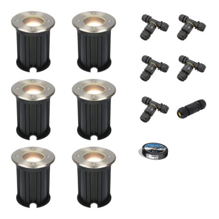 Set van 6 Maisy LED Grondspot - Dimbaar - Rond - Ø12cm - GU10 - 4 Watt 345 Lumen - 4000K neutraal wit - RVS - IP67 waterdicht - Tuinspot - Oprit - Inclusief installatiemateriaal (Kabel & connector) | HOFTRONIC