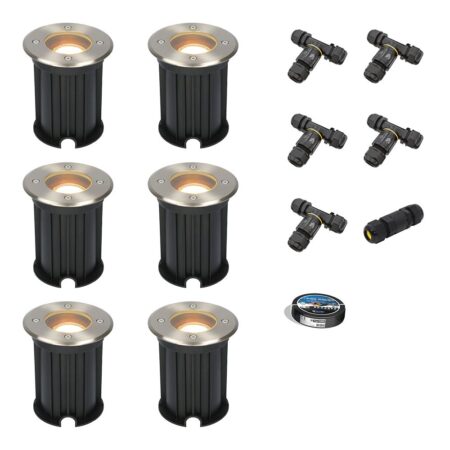 Set van 6 Maisy LED Grondspots Rond - Dimbaar - GU10 - 2700K warm wit - 4 Watt 345 lumen - Rond - Ø12cm - Tuinspot - Oprit - RVS - IP67 - Inclusief installatiemateriaal (Kabel & connector) | HOFTRONIC