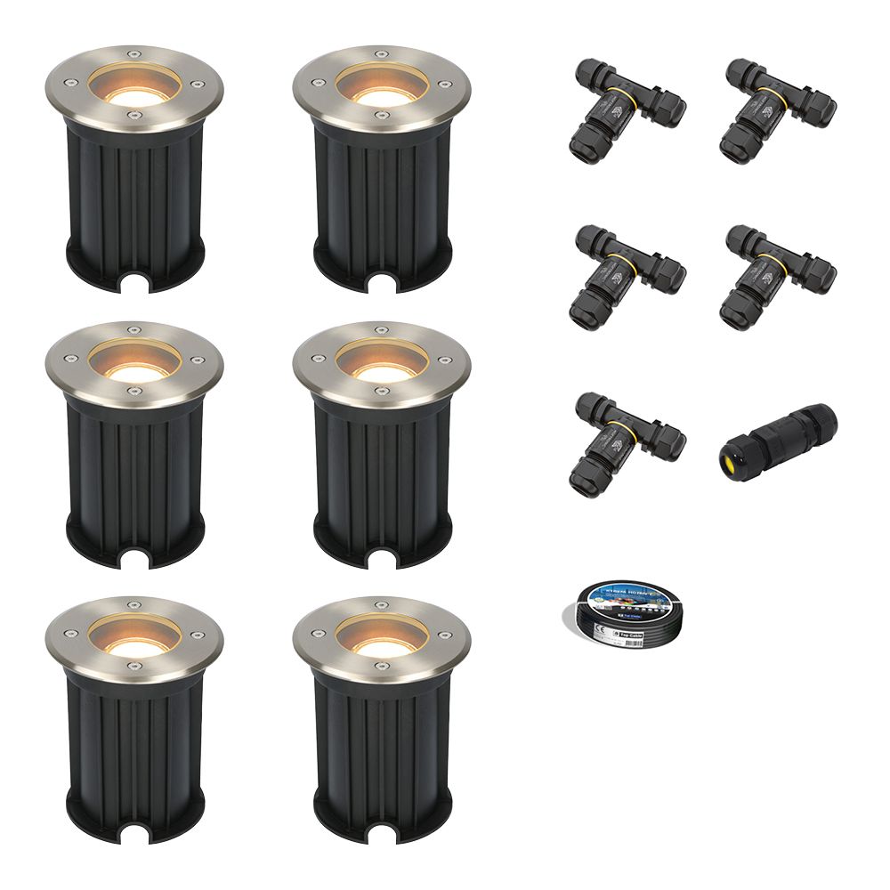 Set van 6 Maisy LED Grondspots Rond - Dimbaar - GU10 - 2700K warm wit - 4 Watt 345 lumen - Rond - Ø12cm - Tuinspot - Oprit - RVS - IP67 - Inclusief installatiemateriaal (Kabel & connector) | HOFTRONIC