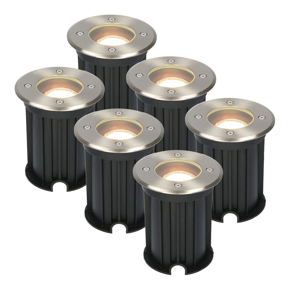 Set van 6 Maisy LED Grondspots Rond - Dimbaar - GU10 - 2700K warm wit - 4 Watt 345 lumen - Rond - Ø12cm - Tuinspot - Oprit - RVS - IP67 waterdicht | HOFTRONIC
