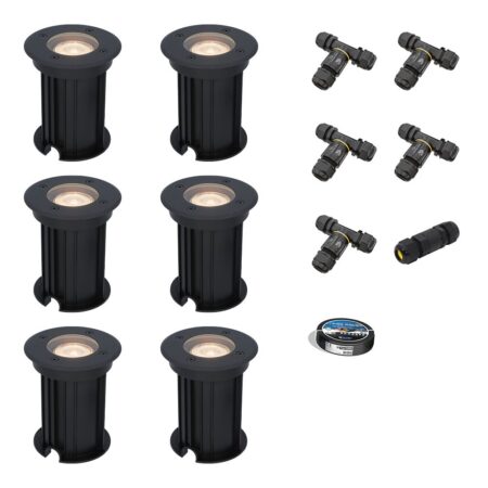 Set van 6 Maisy LED Grondspots Rond - Dimbaar - GU10 - 2700K warm wit - 4 Watt 345 lumen - Rond - Ø12cm - Tuinspot - Oprit - Zwart - IP67 - Inclusief installatiemateriaal (Kabel & connector) | HOFTRONIC